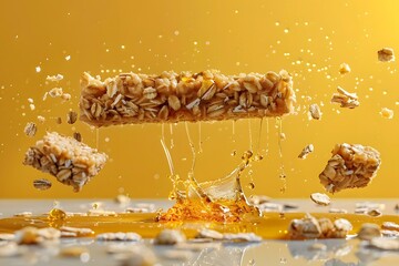 Explosive Oat Bar with Flowing Maple Syrup in Dynamic Food Photography