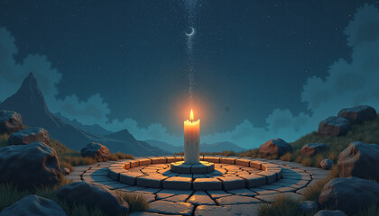 Magical candle in stone circle under moonlit sky