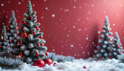 Obraz premium Snowy Christmas trees with red ornaments and festive backdrop