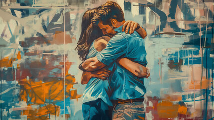 Painting of a couple embracing against a colorful abstract background.