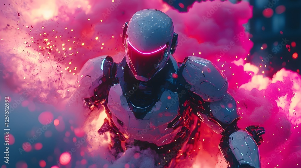 Poster powerful futuristic robotic warrior in dynamic action enveloped in abstract digital smoke and glowin