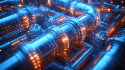 Detailed Industrial Blueprint of a Ventilation System with Metallic Pipes Soft Blue Lighting and Shallow Depth of Field