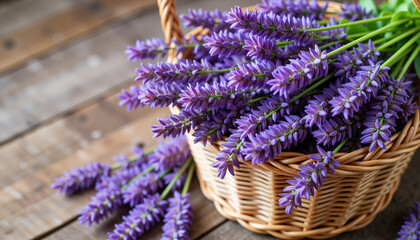 Lavender flowers in a basket on rustic table, peaceful beauty