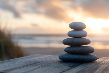 Photo of a stack of balanced stones on a wooden table against a blurred beach background, representing balance