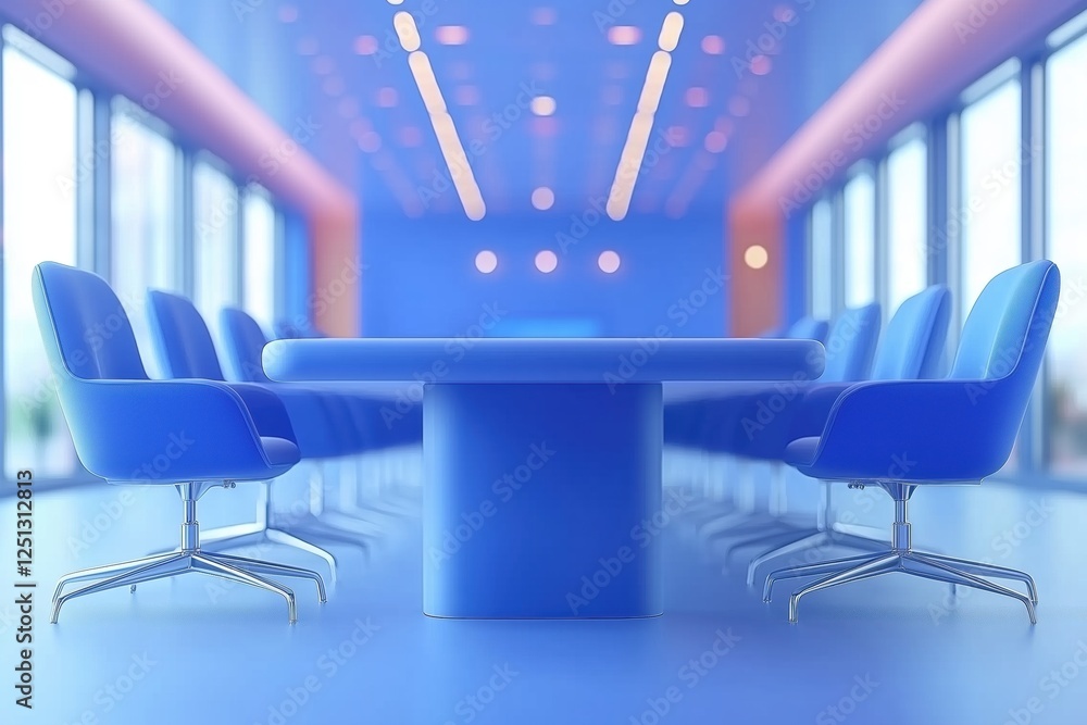 Poster a modern conference room featuring a large round table and blue chairs. the room is brightly lit wit