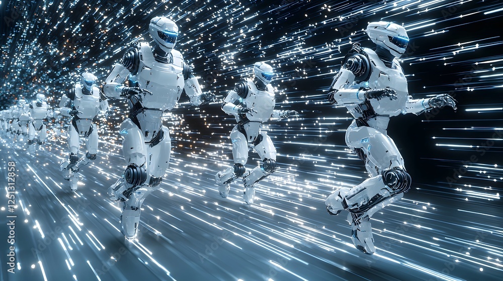 Poster rendered 3d robotic figures moving dynamically through an abstract digital space filled with glowing