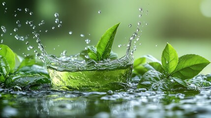 Green tea leaves splashing in water, nature background, beverage ad