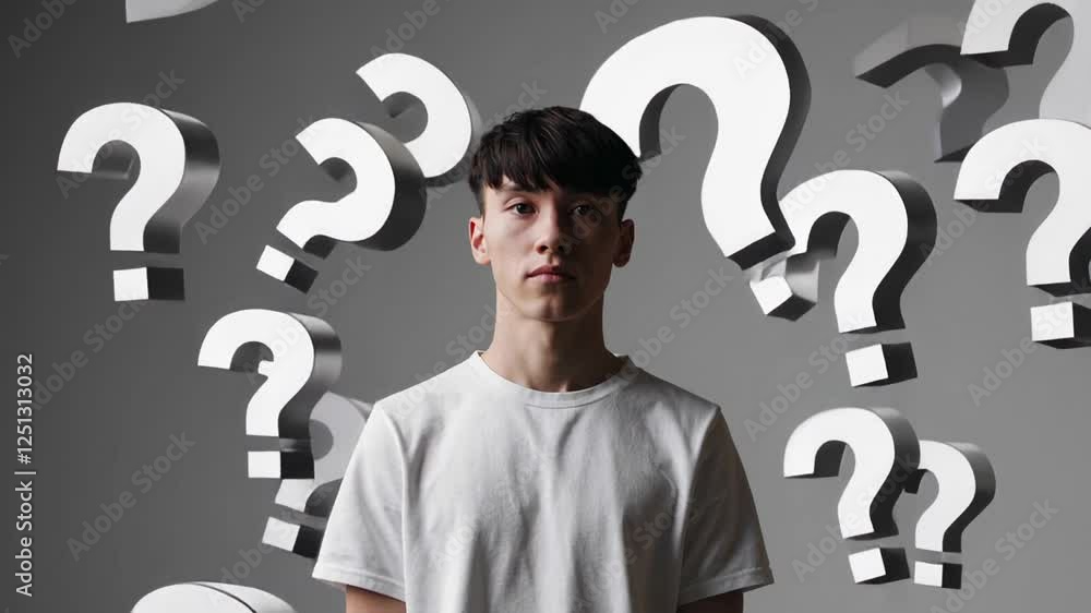 Poster question marks float around a young man against a gray backdrop, symbolizing his contemplation of nu