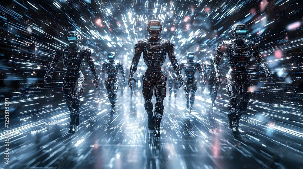Poster robotic figures moving through an abstract digital space filled with futuristic patterns and dynamic