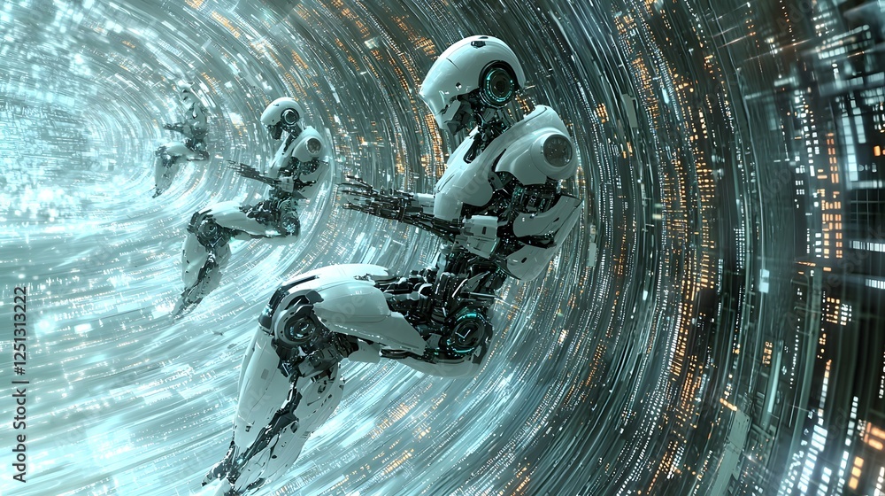 Poster 3d rendered robotic figures gracefully navigating through an abstract and surreal digital landscape 