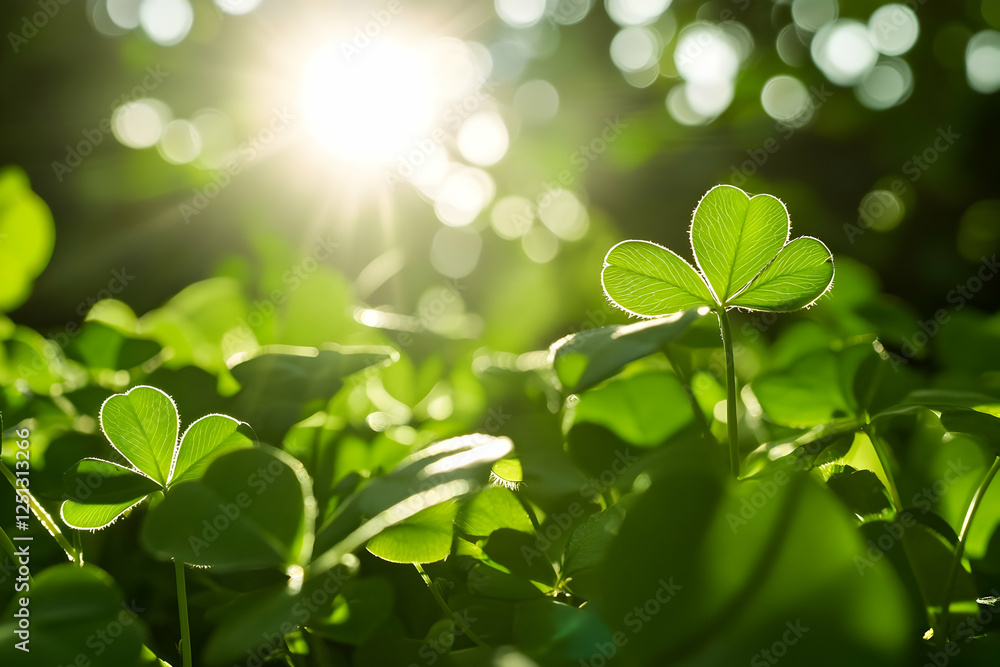 Poster a close-up of the four-leaf clover with sunlight shining through, creating an enchanting
