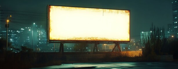 Empty billboard in urban nighttime setting.