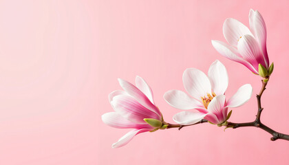 Obraz premium Delicate magnolia blossoms on branch against soft pink backdrop, elegance