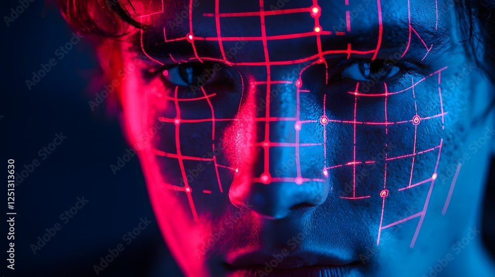 Aufkleber glowing grid map overlaying a person s facial profile for biometric facial recognition and identific
