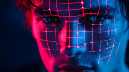 Glowing grid map overlaying a person s facial profile for biometric facial recognition and identification technology  Futuristic digital data visualization concept with abstract neon colors