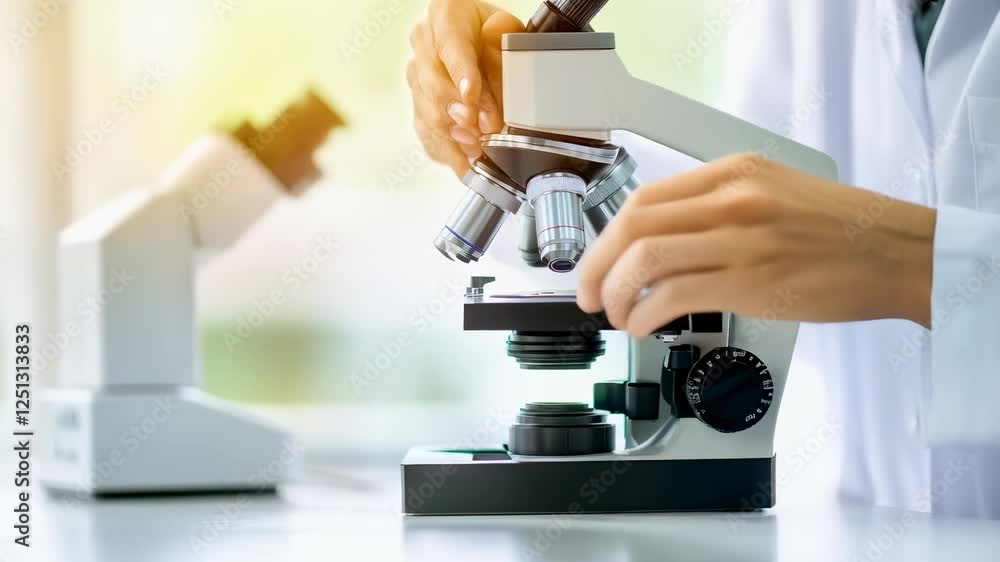 Poster professional lab technician carefully adjusting high precision microscope, focusing intently while p