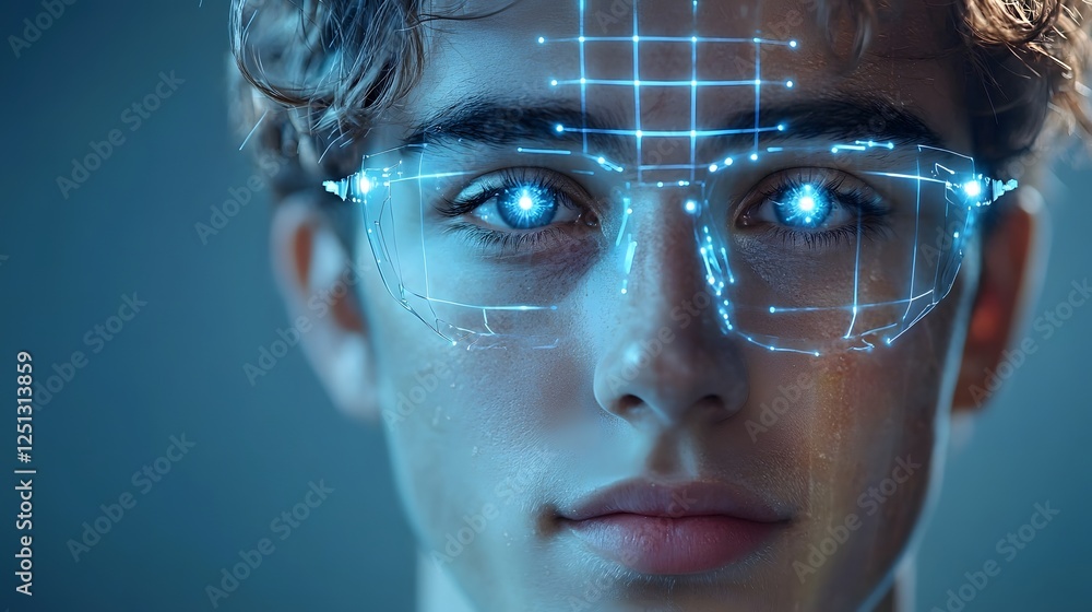 Aufkleber futuristic digital image showcasing a glowing grid map overlay on a person s face representing advan