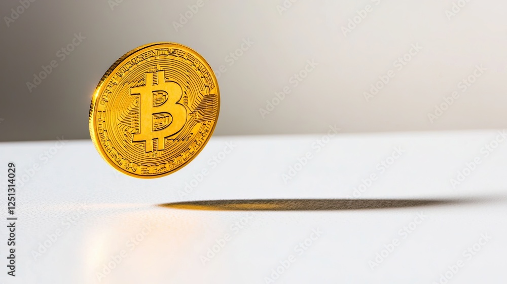 Poster money commerce minimal concept, floating bitcoin coin with shadow on minimalist surface in light bac