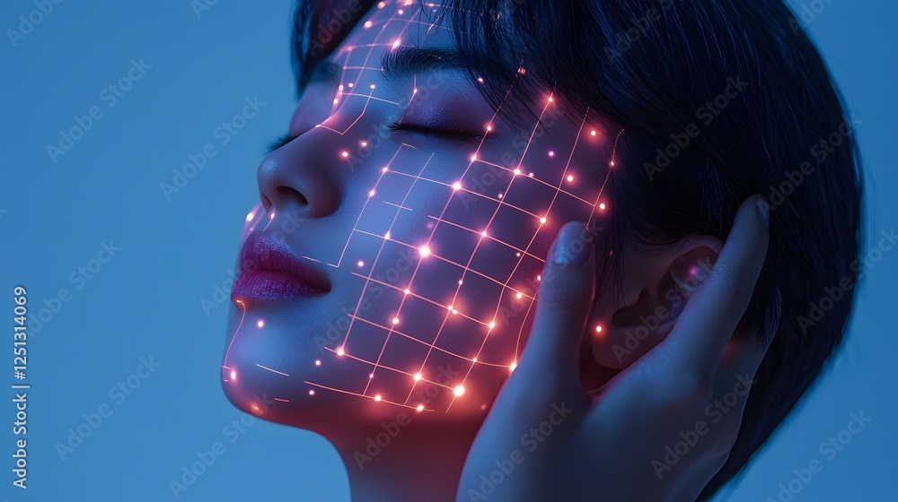 Poster glowing grid map overlaying a person s face representing facial recognition technology for biometric
