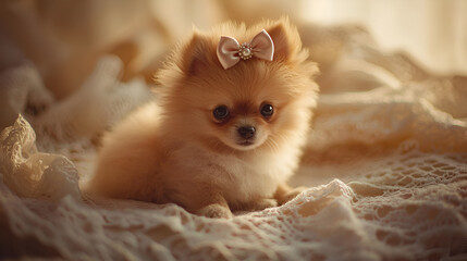 A fluffy puppy sits contentedly on a cozy blanket, its adorable face framed by a delicate bow, capturing hearts with its charm.