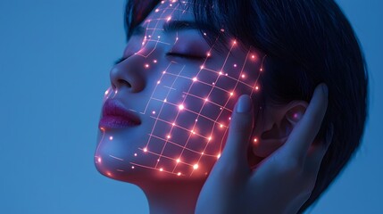 Glowing grid map overlaying a person s face representing facial recognition technology for biometric identification access control and security surveillance purposes  The image depicts a futuristic