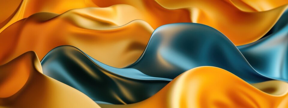 Abstract Swirling Silk Fabric Texture: Golden and Teal Waves