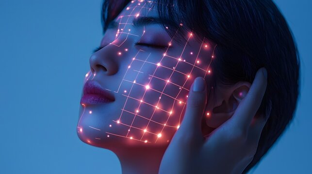 Glowing grid map overlaying a person s face representing facial recognition technology for biometric identification access control and security surveillance purposes  The image depicts a futuristic