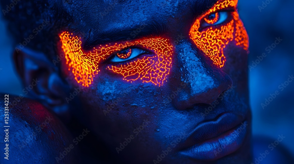 Poster closeup of a human face with glowing facial recognition patterns and a striking intense expression t