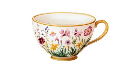 A tiny porcelain teacup with a flower design, clean white background, transparent isolate