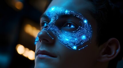 Advanced digital interface showcasing cutting edge facial recognition technology for enhanced security identification and access control  This futuristic