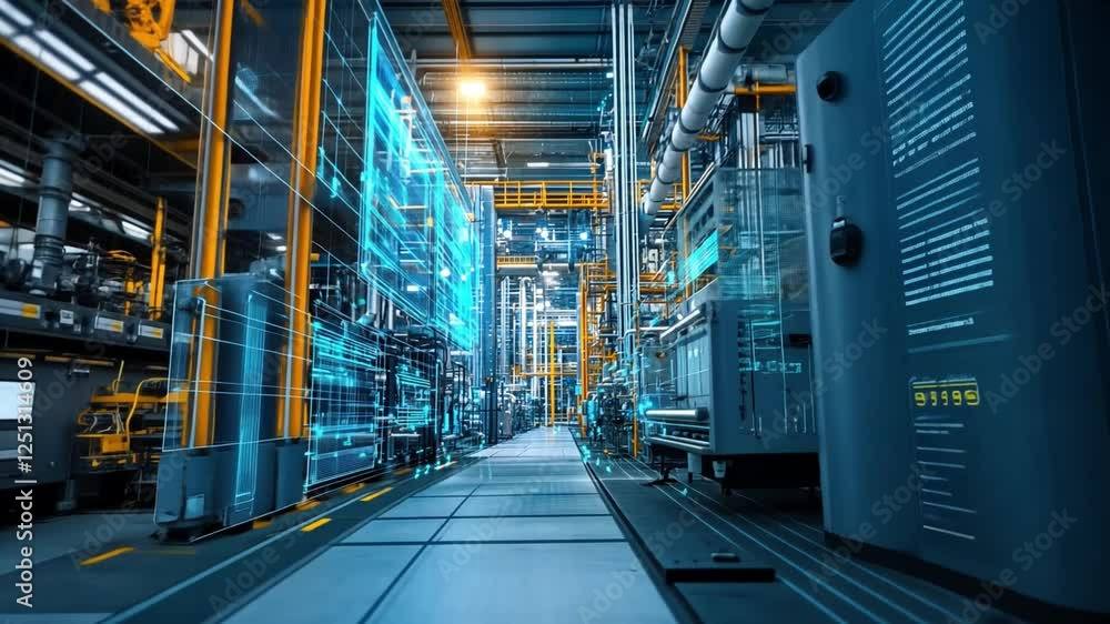 Poster futuristic industrial corridor exploring digital technology and automation in machinery and engineer