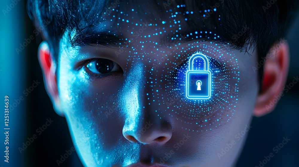 Poster futuristic digital lock icon appearing on a human face undergoing facial recognition and biometric s