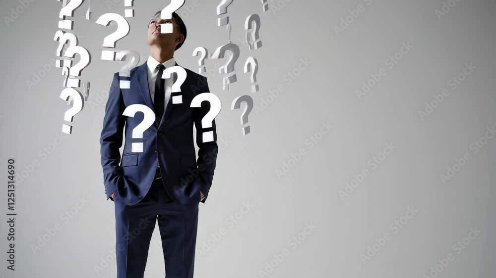 Poster Pensive businessman looking up at many floating question marks on a white background, symbolizing decision making, confusion, and problem solving in a corporate setting