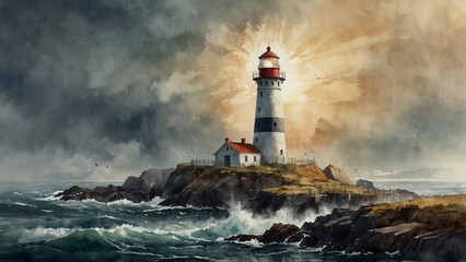 Naklejka premium Majestic Lighthouse Overlooking Turbulent Waves at Sunset