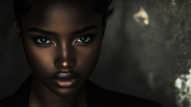 Confident Woman with Intense Gaze and Dark Skin Posing in Dramatic Lighting