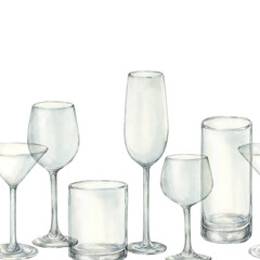 Glasses watercolor set. Empty champagne, wine martini glasses hand drawn seamless border