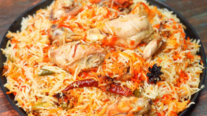 Chicken Dum Biryani, a traditional Indian dish where tender chicken and fragrant basmati rice are layered and cooked on dum. A rich, flavorful delicacy loved in India, Pakistan, and the Middle East.