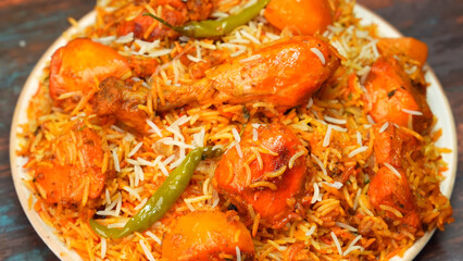 Chicken Dum Biryani, a traditional Indian dish where tender chicken and fragrant basmati rice are layered and cooked on dum. A rich, flavorful delicacy loved in India, Pakistan, and the Middle East.