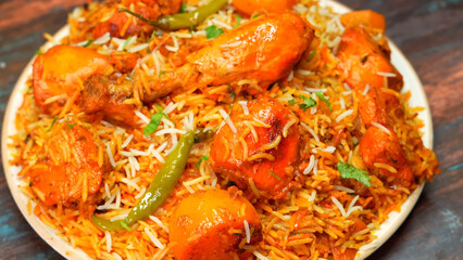 Chicken Dum Biryani, a traditional Indian dish where tender chicken and fragrant basmati rice are layered and cooked on dum. A rich, flavorful delicacy loved in India, Pakistan, and the Middle East.
