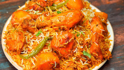 Chicken Dum Biryani, a traditional Indian dish where tender chicken and fragrant basmati rice are layered and cooked on dum. A rich, flavorful delicacy loved in India, Pakistan, and the Middle East.