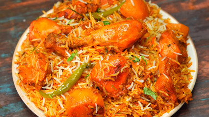 Chicken Dum Biryani, a traditional Indian dish where tender chicken and fragrant basmati rice are layered and cooked on dum. A rich, flavorful delicacy loved in India, Pakistan, and the Middle East.
