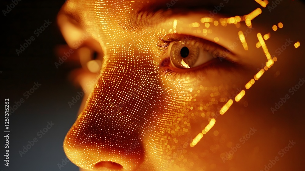Poster close up of a face with digital sensors scanning and processing complex facial recognition data