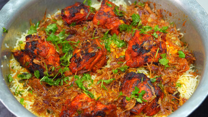 Chicken Dum Biryani, a traditional Indian dish where tender chicken and fragrant basmati rice are layered and cooked on dum. A rich, flavorful delicacy loved in India, Pakistan, and the Middle East.