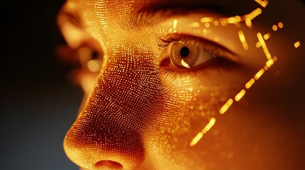 Close up of a face with digital sensors scanning and processing complex facial recognition data