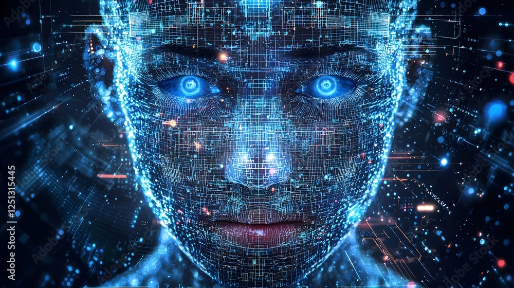 Poster close up of a futuristic digital face with sensors scanning and processing advanced facial recogniti