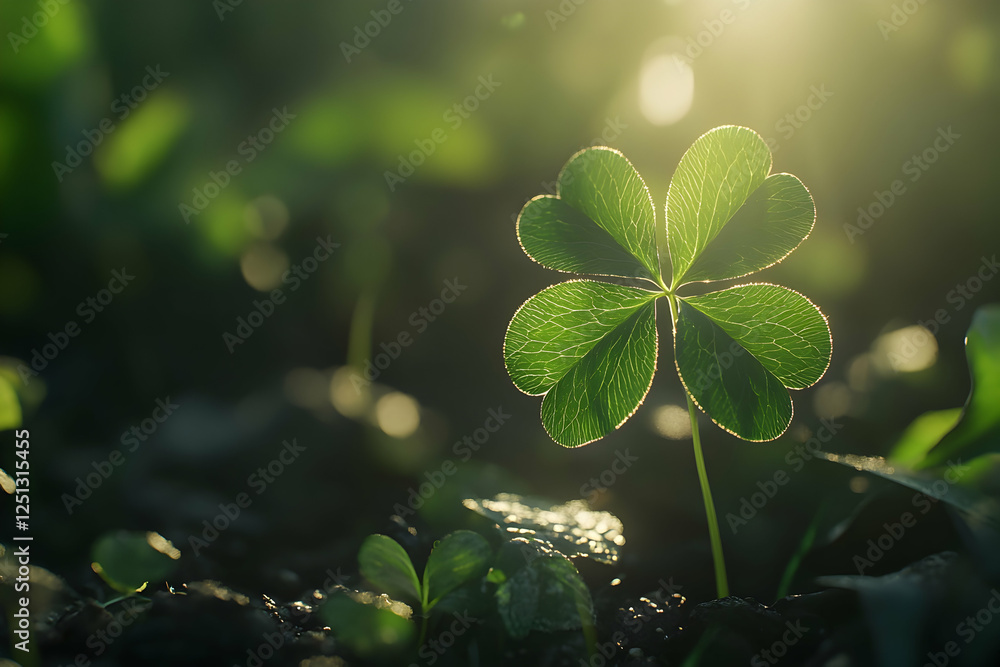 Poster a four-leaf clover in the foreground, with sunlight filtering through it, creating a soft glow on it