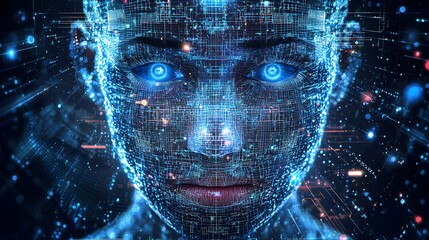 Close up of a futuristic digital face with sensors scanning and processing advanced facial recognition data  The image represents the of intelligence biometrics and high tech security systems