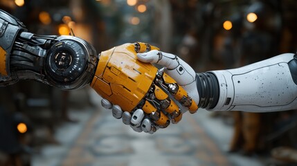 Human and Robot Hands Shaking in a Futuristic Technology Setting