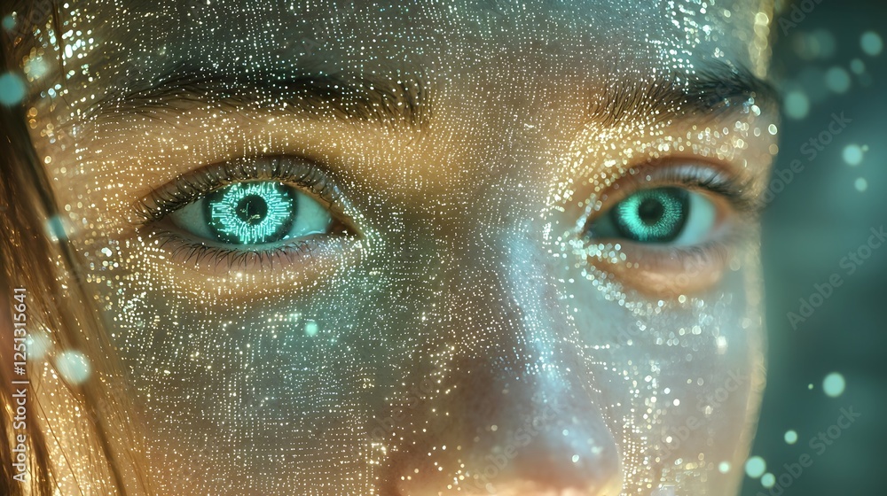 Poster closeup view of a human face with digital sensors and scanning and processing facial recognition dat