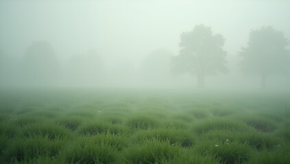 Obraz premium A calm, misty atmosphere pervades the scene, with a delicate balance of muted greens and grays, reminiscent of freshly watered grass on a rainy day.